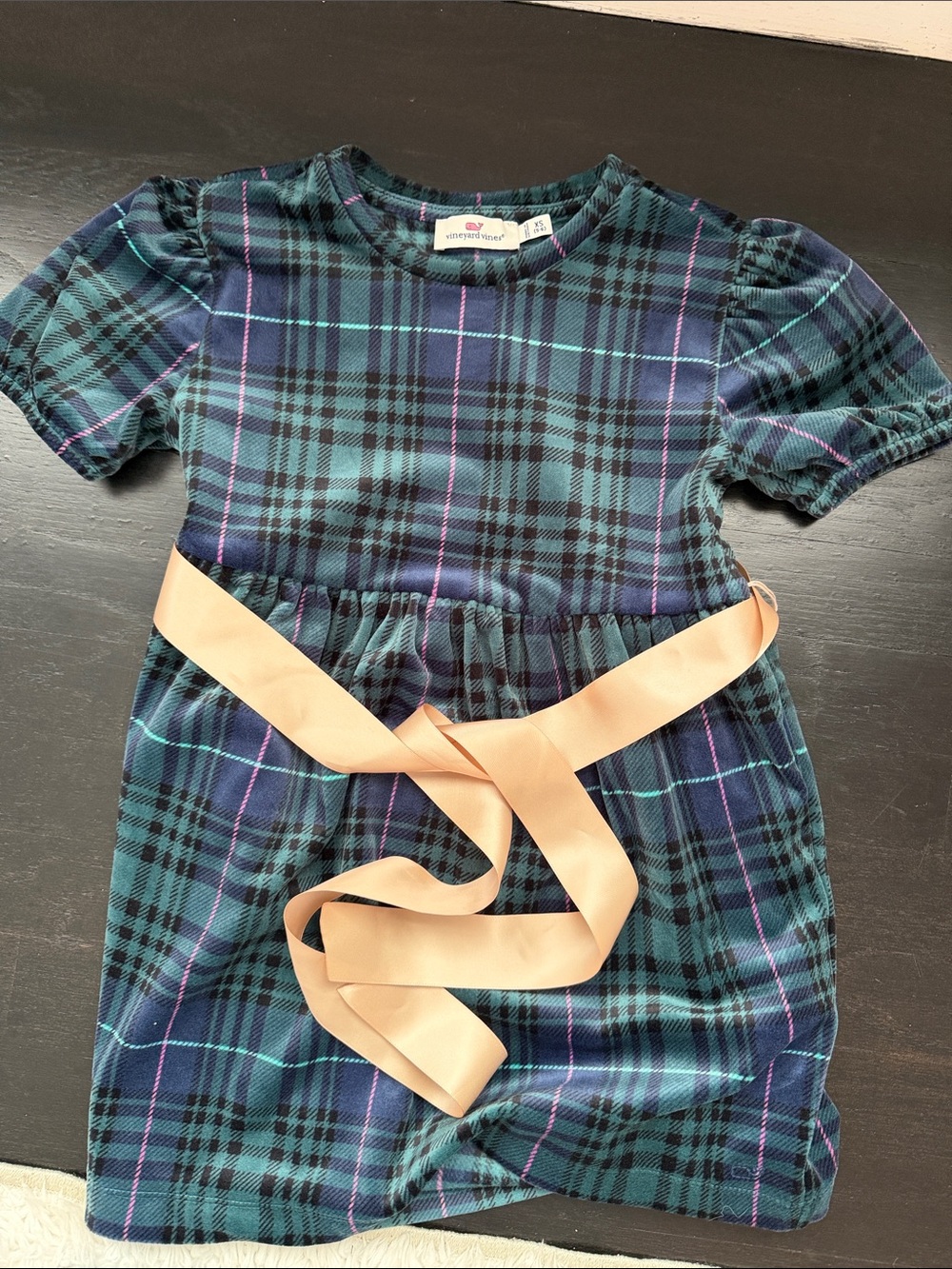 Vineyard Vines Teal, Navy & Pink Plaid Puff-Sleeve velvet Dress